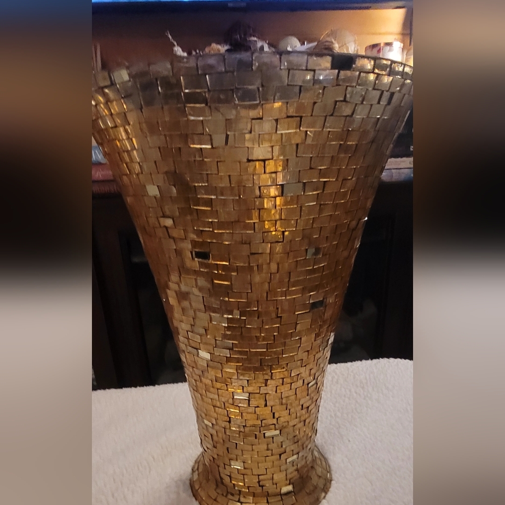 Vintage Mosaic Tile Mirror Glass Vase Yellow Brown 12" Tall